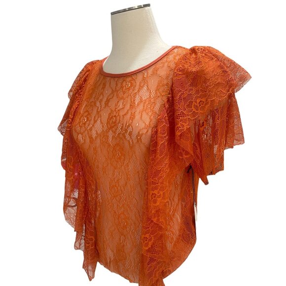 Haute Monde Orange Lace Flutter Sleeve Sheer Blouse Summer Romantic M - Picture 7 of 10
